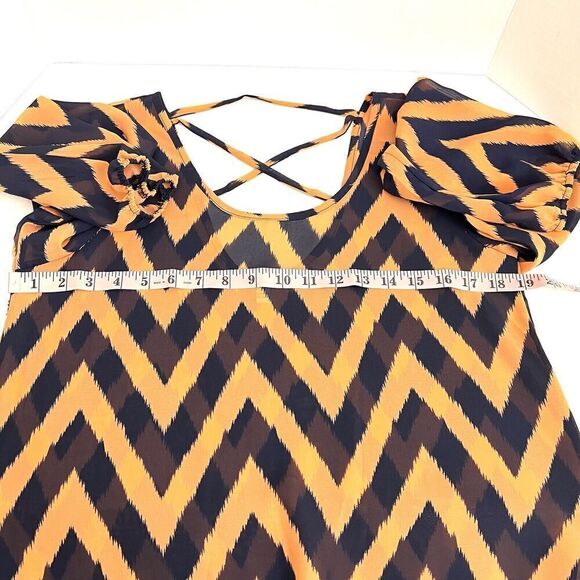 Moa‎ Moa Blouse Top Size M Long Sleeves Chevron Pattern Semi Sheer Orange Navy - Picture 6 of 12